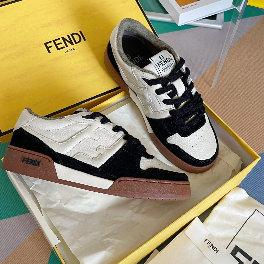 Fendi unisex lace-up sneakers, white and black panels with brown trim