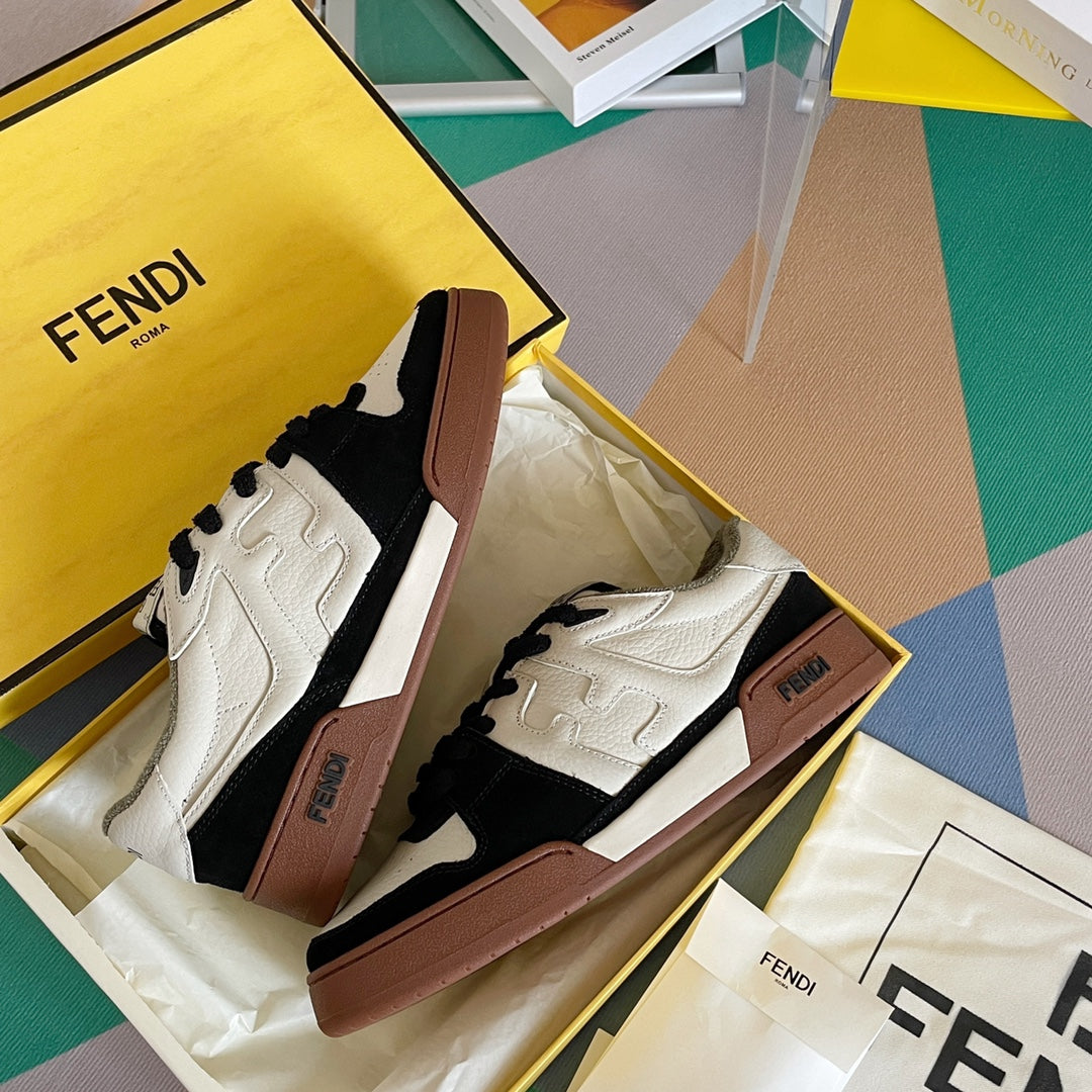 Fendi unisex sneakers in box, white leather with black panels and brown sole