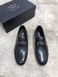 Prada unisex loafers, black leather slip-on with buckle strap at vamp