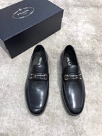 Prada unisex loafers, black leather slip-on with buckle strap at vamp