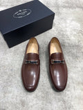 Prada brown leather loafer shoes with buckle strap, rounded toe