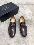 Prada unisex leather loafers, dark brown with metal buckle strap