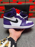 High-top sneakers in white and purple with black Nike swoosh and gray midsole