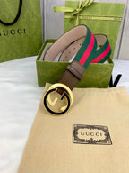 Gucci buckle belt, brown leather with green and red striped trim