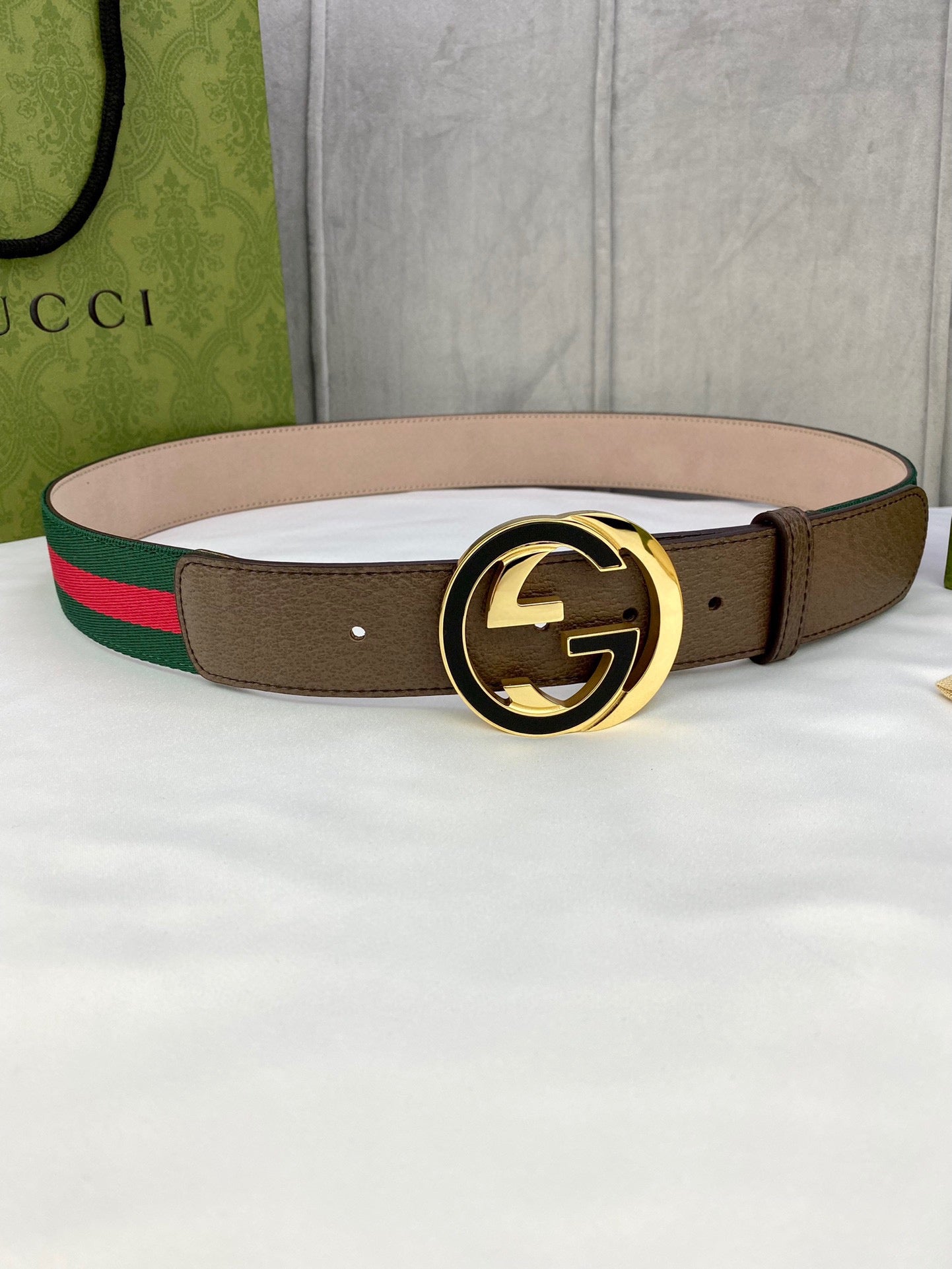 Gucci buckle belt with brown leather and green-red web stripe