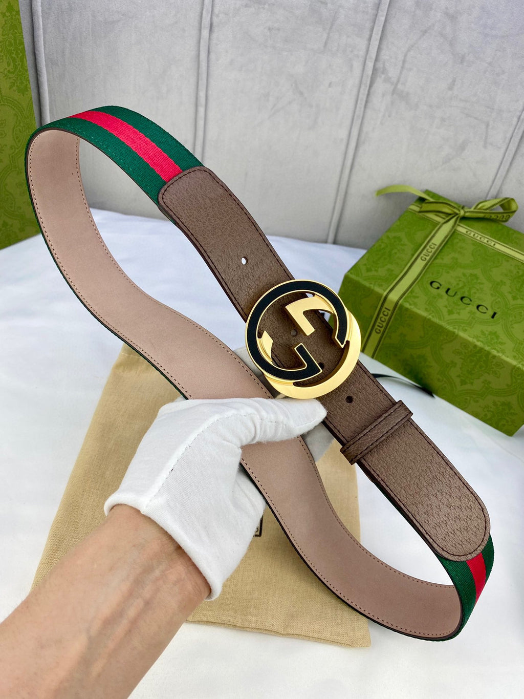 Gucci buckle belt, brown leather with green and red striped web