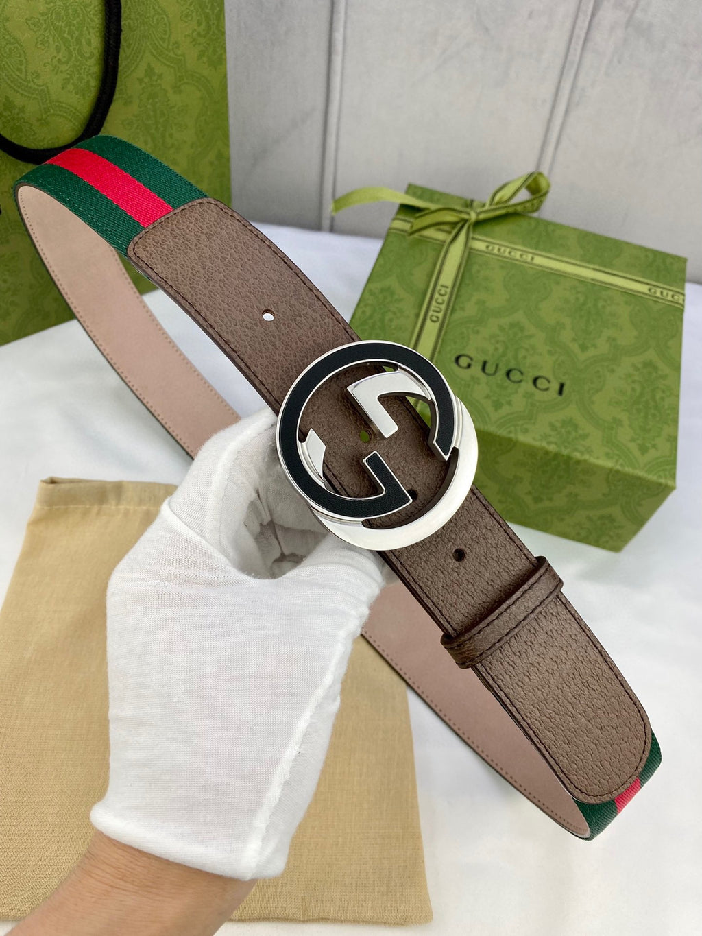 Gucci buckle belt with brown leather strap and green-red striped web