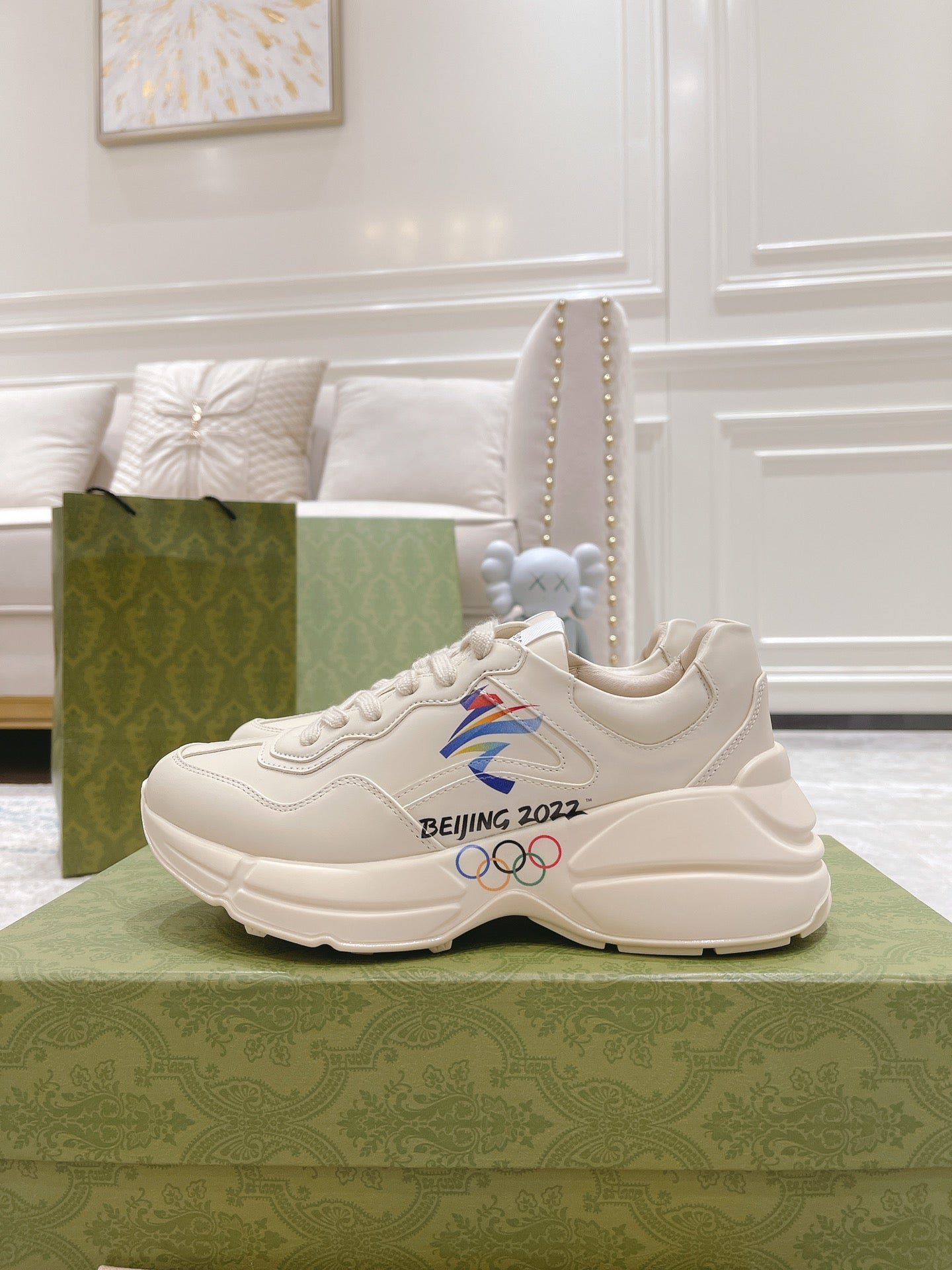 Gucci unisex white sneakers with Beijing 2022 text and colorful emblem on side