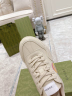 White Gucci unisex sneaker upper with white laces, side seam and stitching details