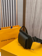Louis Vuitton crossbody bag with dark leather flap, adjustable strap, and LV emblem