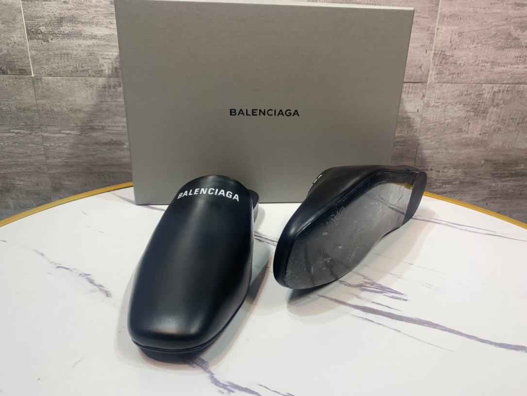 Black leather slide sandals and box, BALENCIAGA logo on upper straps