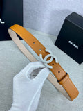 Tan leather belt with rhinestone CC buckle and multiple adjustment holes