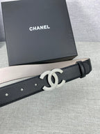 Black leather belt with silver-tone CC buckle and smooth adjustable end
