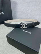 Black leather belt with silver-tone CC buckle and single-row punched holes
