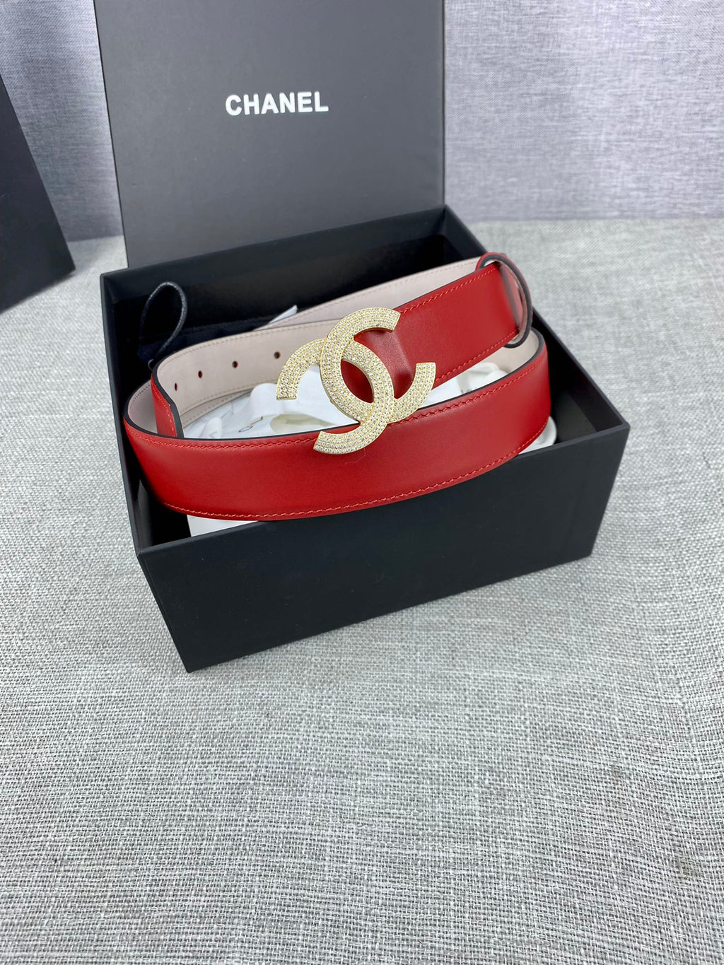 Red leather belt with Double C logo buckle and light-beige underside