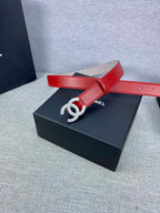 Red leather belt with Double C logo buckle and adjustable end with punched holes