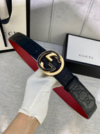Black Gucci-logo belt with gold-tone and silver-tone oval buckle detail