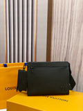 Louis Vuitton leather crossbody bag, black with top zipper and logo hardware