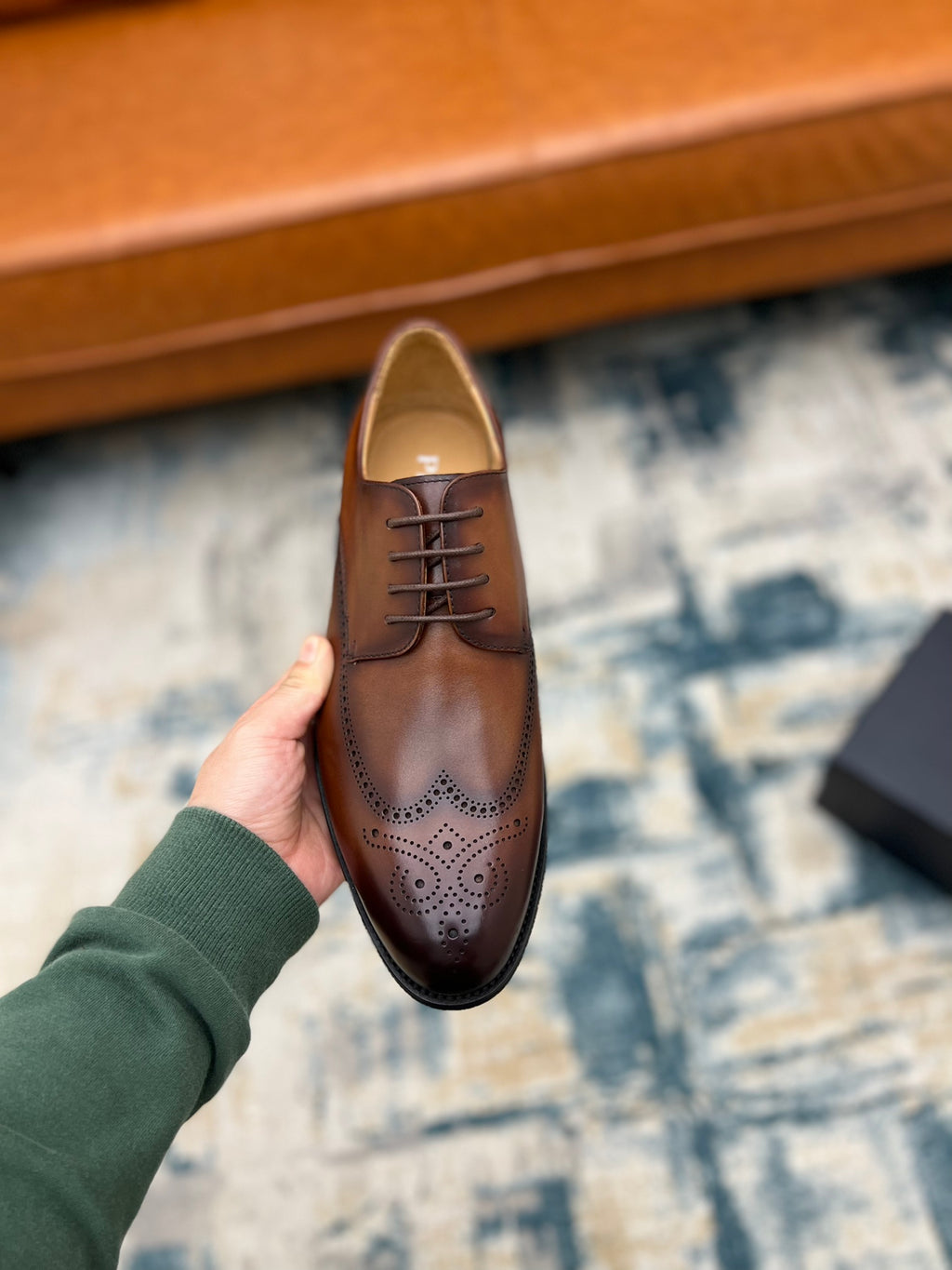 Prada unisex oxford shoe, brown leather lace-up with perforated wingtip toe