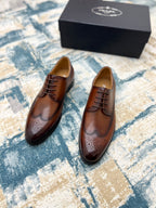 Prada unisex oxford shoes, brown leather lace-up with wingtip perforations