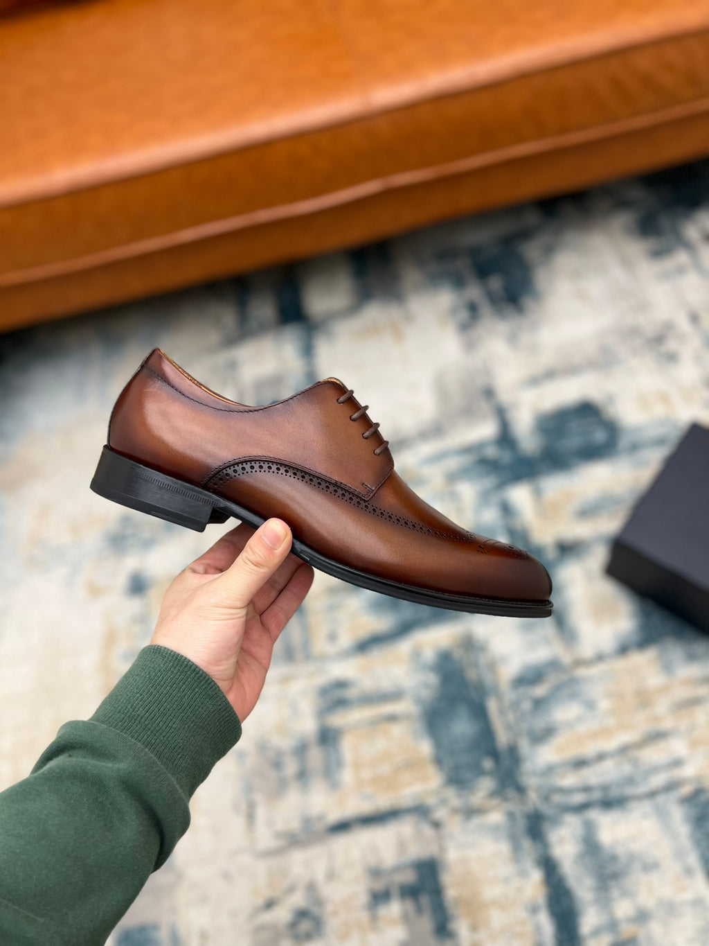 Prada unisex oxford shoe, brown leather lace-up with dark rubber sole