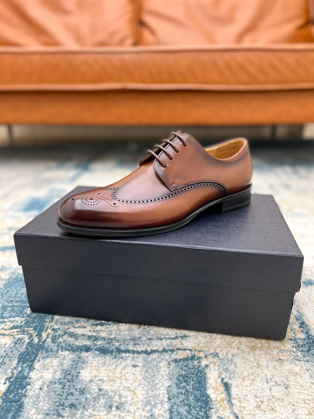 Prada unisex oxford shoe, brown leather lace-up with perforated toe