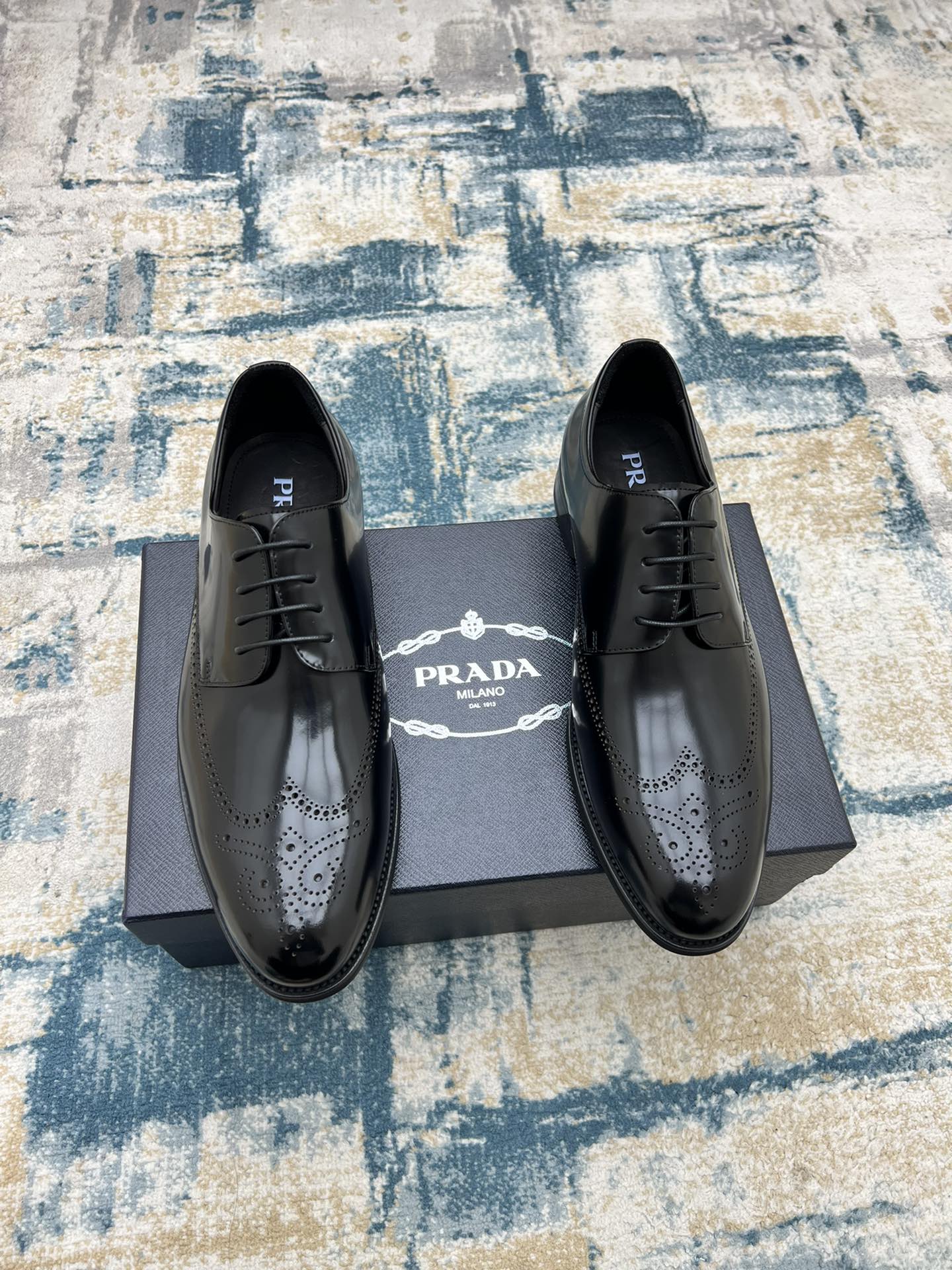 Black leather lace-up derby shoes with perforated toe and Prada logo
