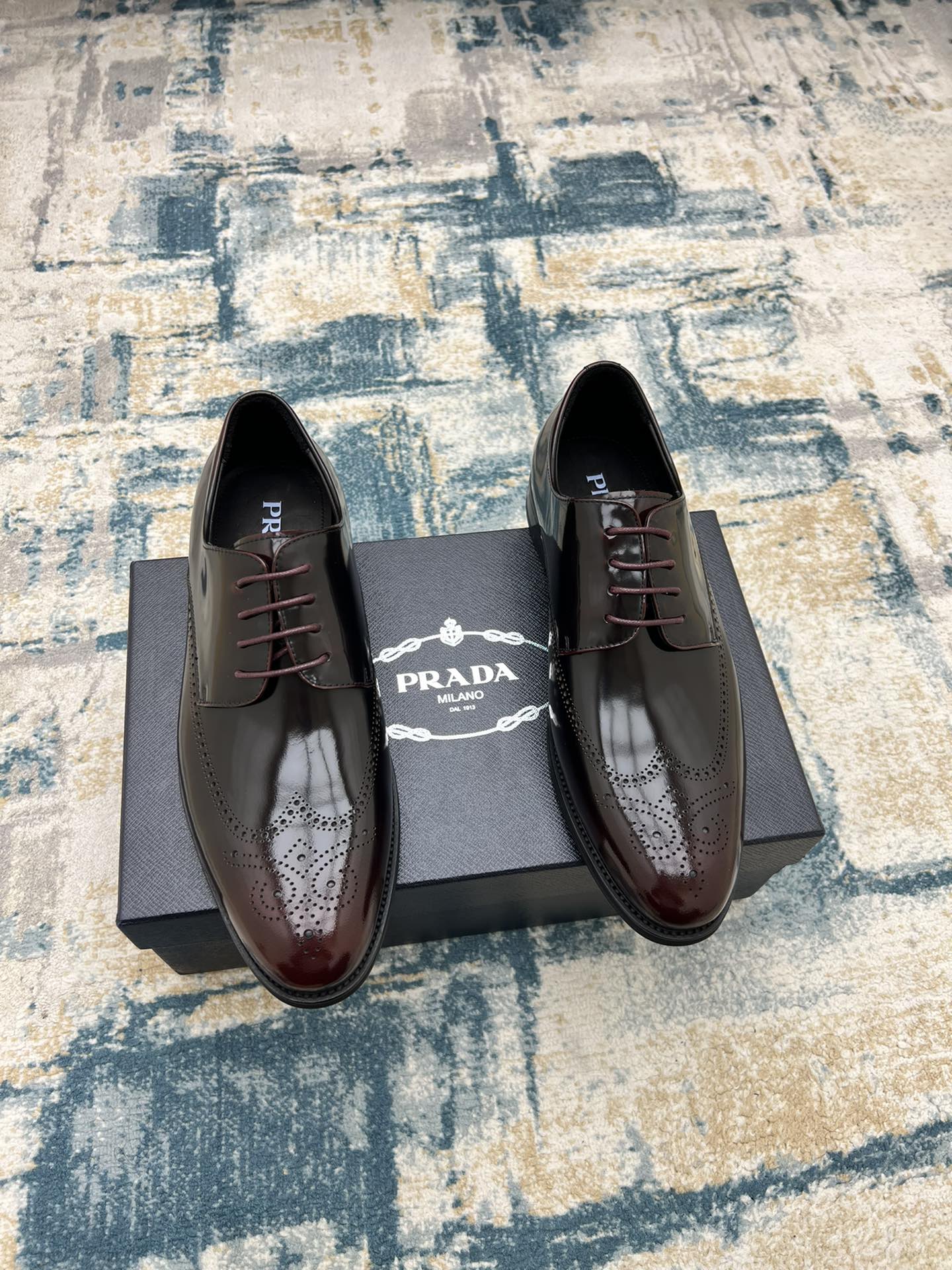 Prada unisex two-tone leather lace-up shoes with glossy finish, on presentation box