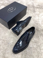 Prada unisex leather dress shoes, dark navy, front side view with lace-up