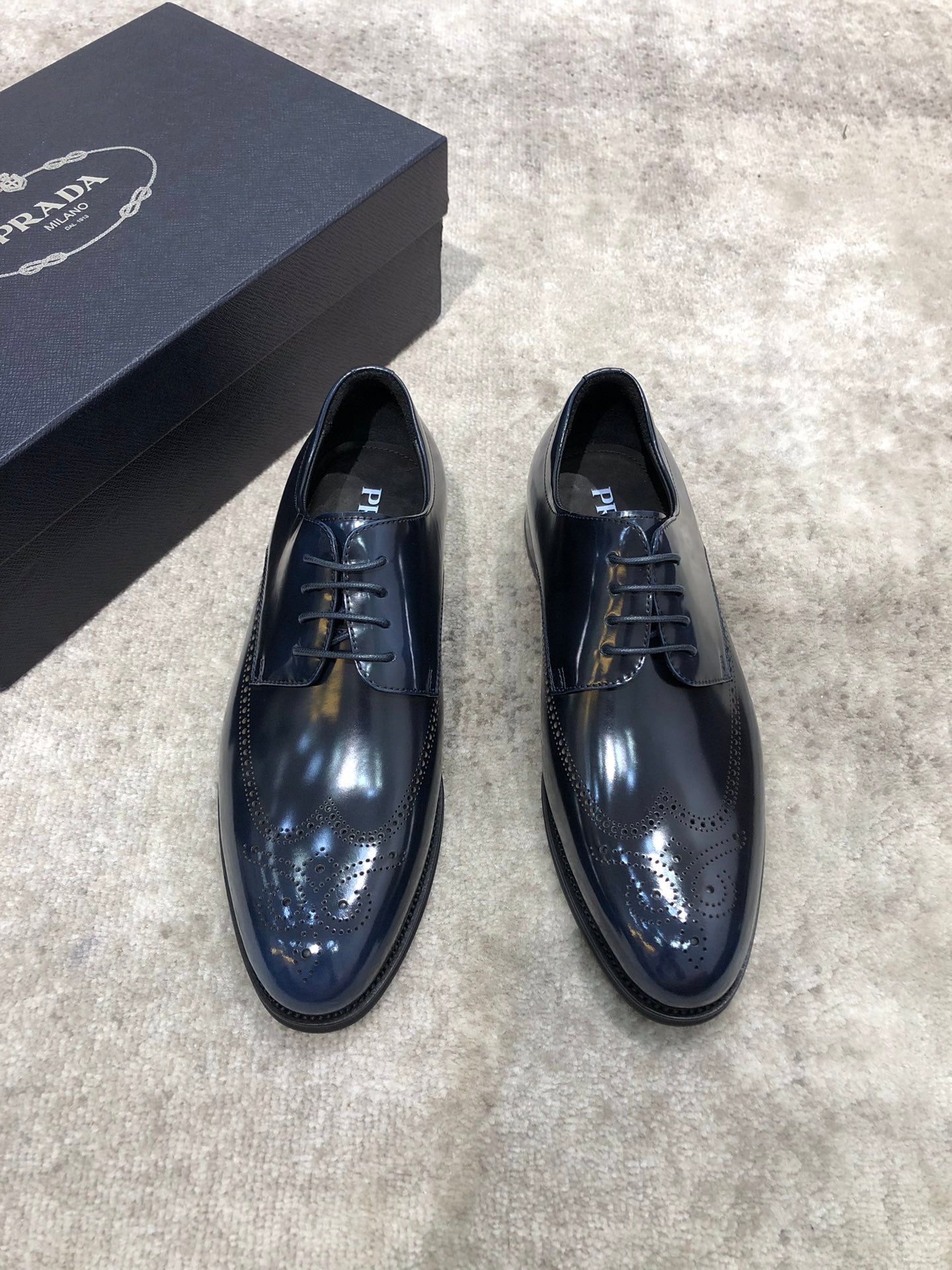 Prada unisex leather dress shoes, dark navy, lace-up with glossy finish