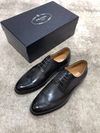 Prada unisex black leather lace-up oxford shoes with perforated brogue panels