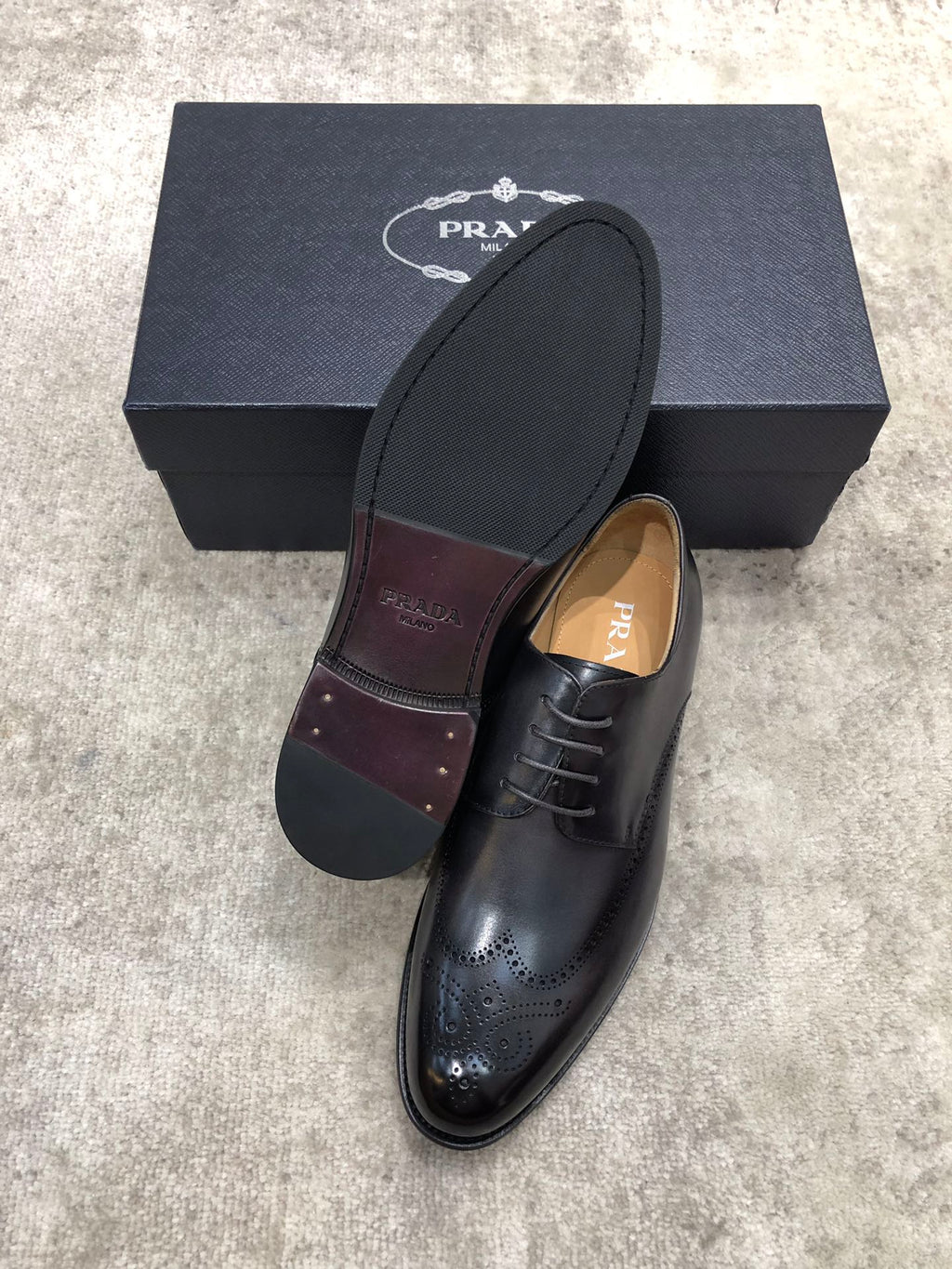 Prada unisex black leather lace-up oxford shoes with extra insole cover