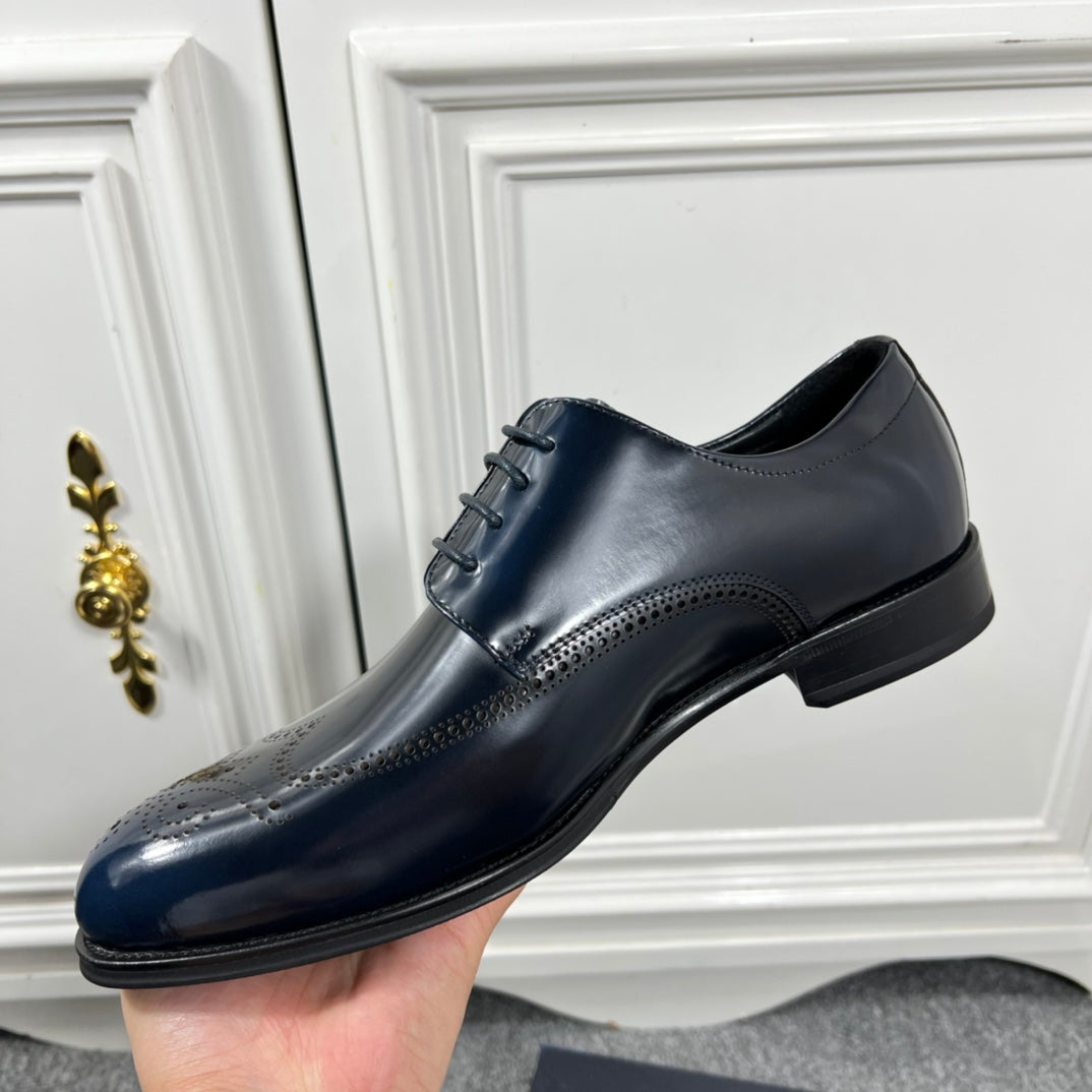 Prada unisex leather lace-up oxford shoes, dark blue, side view with lace row