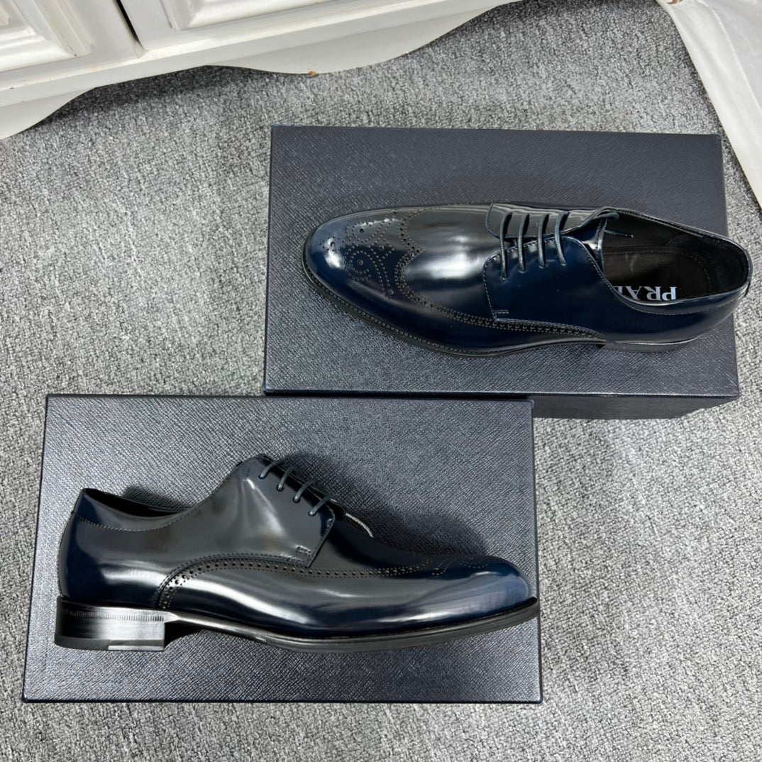 Prada unisex leather lace-up oxford shoes, dark blue with perforated toe cap