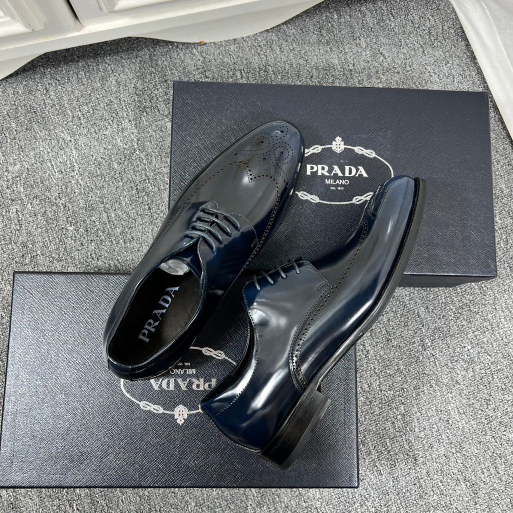 Prada unisex leather lace-up oxford shoes, dark blue, matching pair with branding