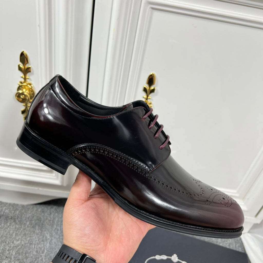 Prada unisex leather lace-up dress shoe, burgundy-black patent finish