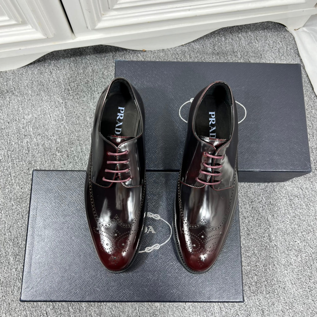 Prada unisex leather lace-up dress shoes, burgundy and black, polished finish