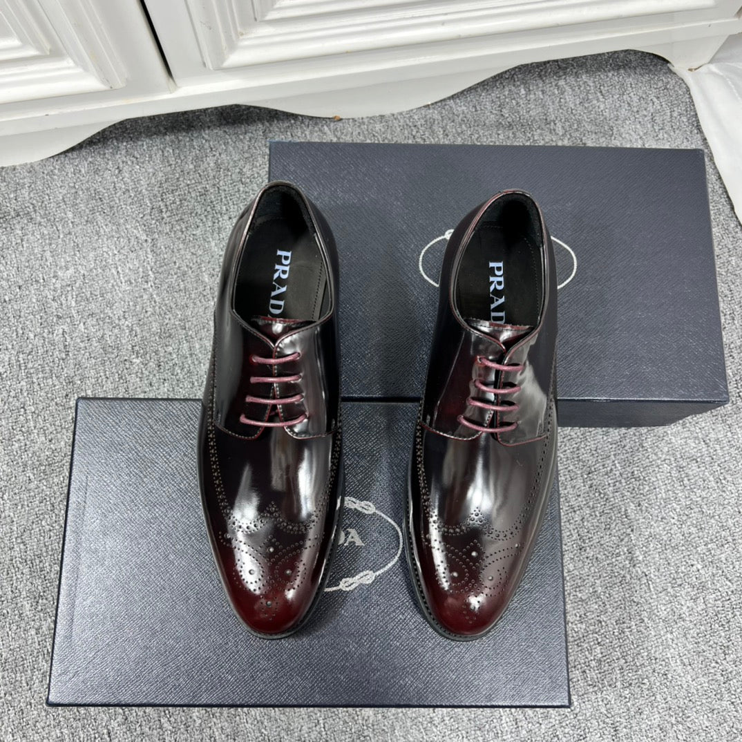 Prada unisex leather lace-up dress shoes, burgundy and black, polished finish