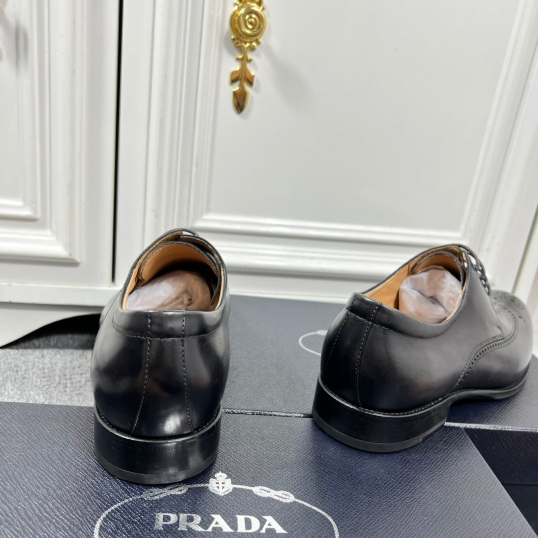 Prada unisex leather lace-up shoes, rear view with low block heel