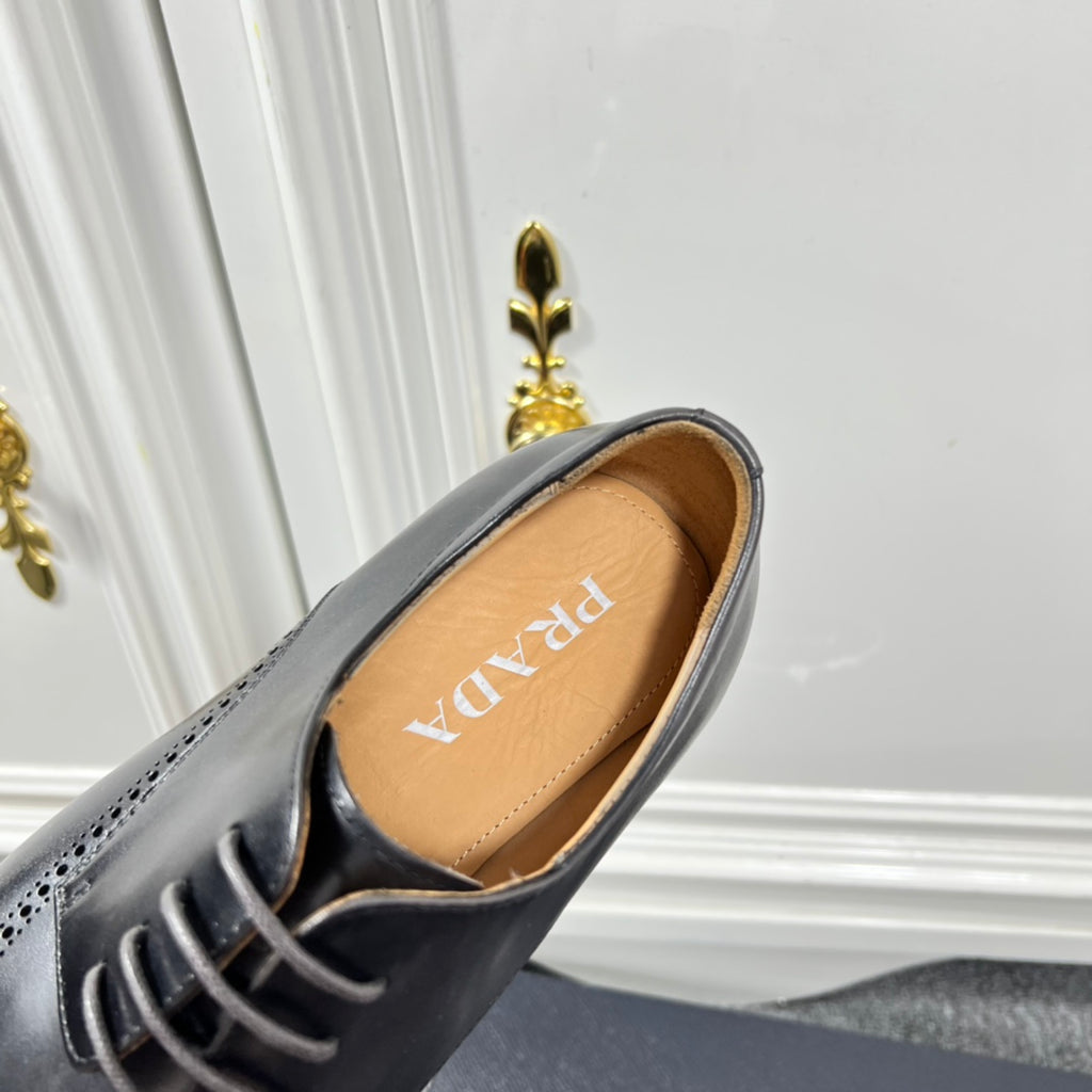 Prada unisex leather lace-up shoe, close-up of tan Prada insole