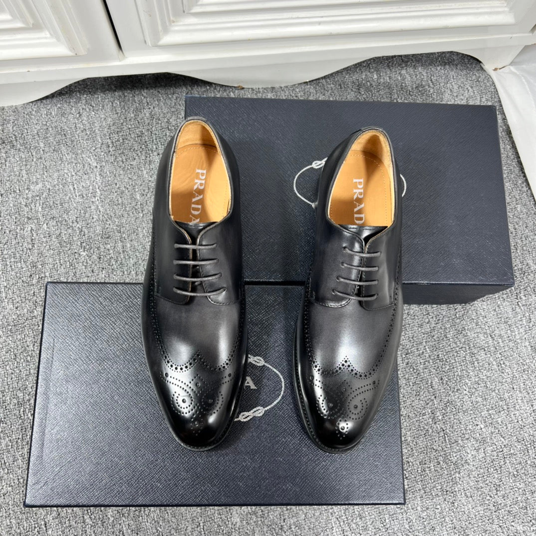 Prada unisex lace-up dress shoes, dark leather with brogue details