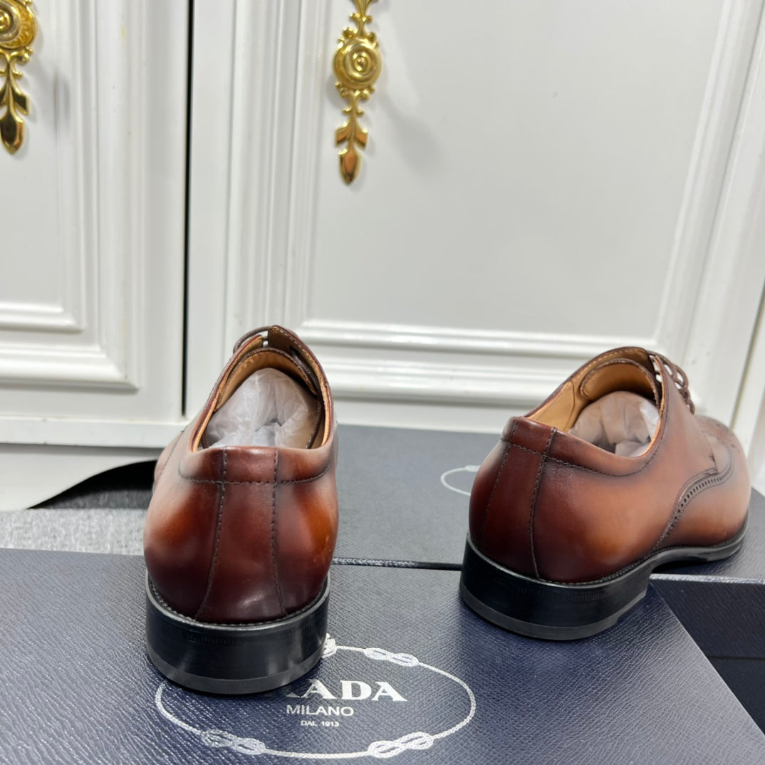 Prada unisex brown leather oxford shoes, rear view with black sole