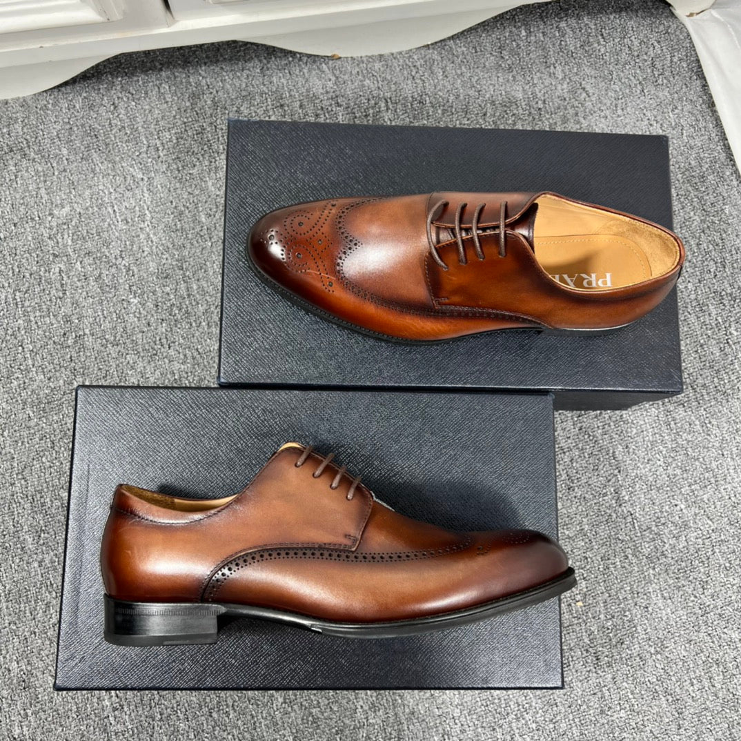 Prada unisex brown leather lace-up oxford shoe with side brogue and black heel sole