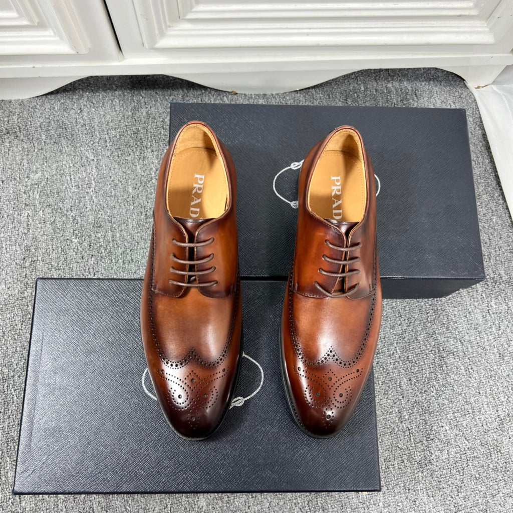 Prada unisex lace-up oxford shoes in dark brown leather, brogue detailing and black sole