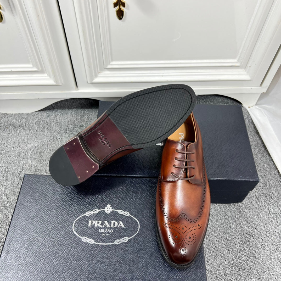 Prada unisex lace-up oxford shoe detail, dark brown leather with brogue and black outsole