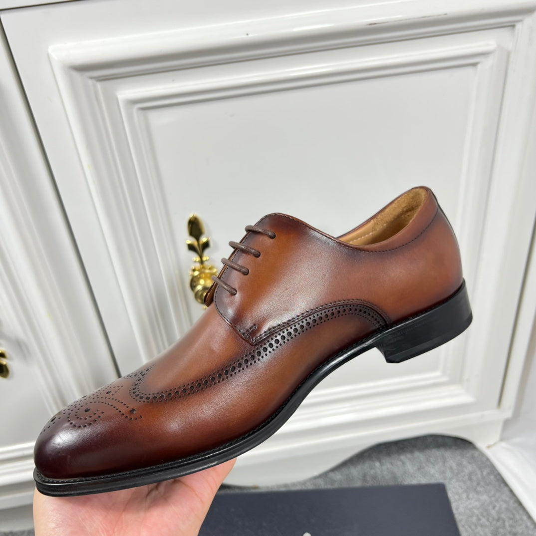 Prada unisex lace-up oxford shoe on box, dark brown leather with brogue detailing
