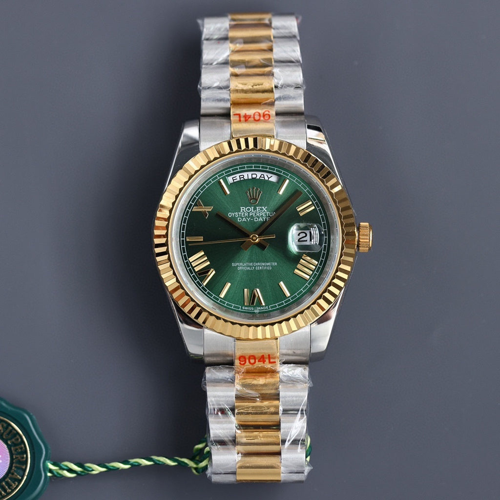 Side-view two-tone Rolex watch with green dial, gold bezel, silver-and-gold bracelet.