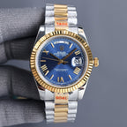 Two-tone Rolex watch with blue dial, gold bezel, silver-and-gold bracelet.