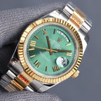 Two-tone Rolex watch with green dial and gold bezel, date markers, steel bracelet