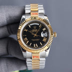 Two-tone Rolex watch with black dial and gold bezel, date display, steel bracelet
